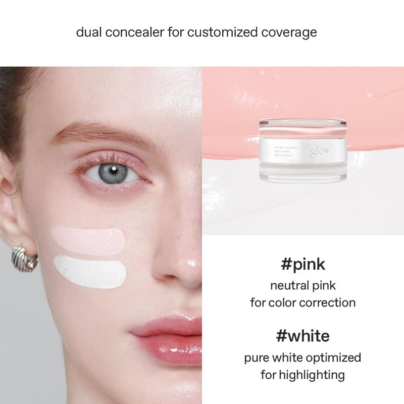 glow not dry concealer #pink #white, under-eye dark circles & blemishes, no crease, dual-ended, melt-in skincare formula, 0.4 oz