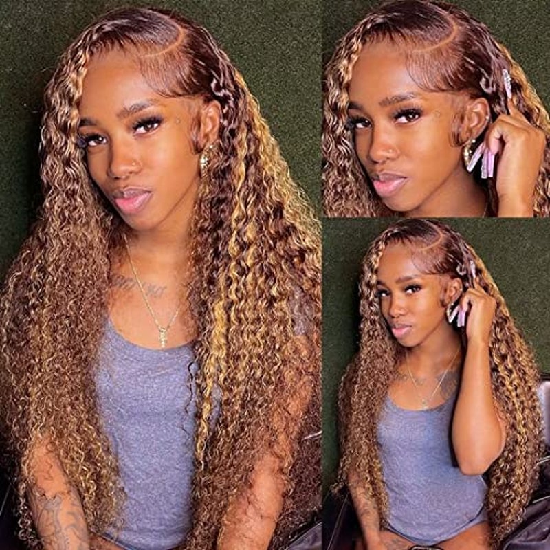 Highlight Ombre 13x4 Deep Wave Lace Front Wig Human Hair for Women 180% density HD Transparent Honey Blonde P4/27 Glueless 13x4 Curly Frontal Wig Pre Plucked with Baby Hair Super Soft 20inch