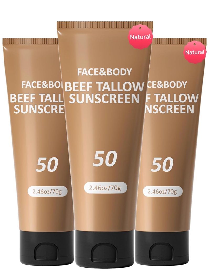 Beef Tallow Sunscreen - Natural Reef Safe Sunblock for Face & Body | Non-Greasy, Travel-Friendly, 3-Pack