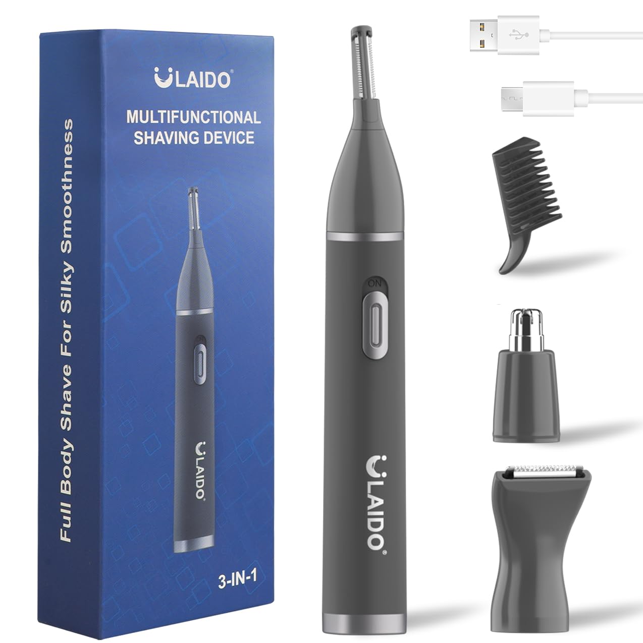 ULAIDO Nose Hair Trimmer for Men, Painless 3 in 1 Grooming Kit for Nose, Ear, Eyebrow & Body Hair, Rechargeable No Pull No Snag Trimming with 3 Waterproof Replacement Heads, Easy Cleansing