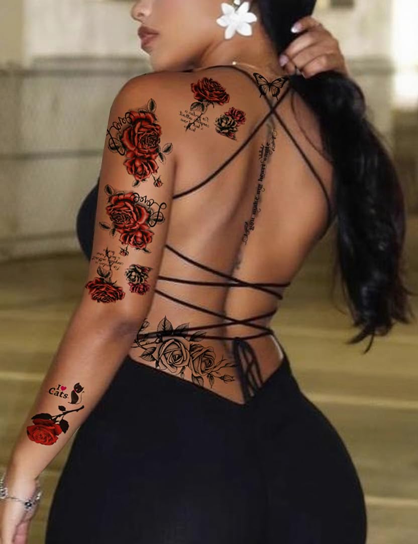32pcs Red Temporary Rose Flower Arm & Leg Tattoo Stickers, Sexy Stripper Chest & Thigh Design, Waterproof, Perfect For Women (rose-red)