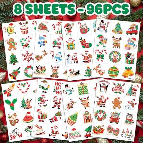 96 PCS Noel Christmas Xmas Santa Pre-Cut Temporary Tattoos for Kids | Cute Themed Birthday Party Favors, Supplies, Decorations, Christmas Fake Tattoo Stickers, School Rewards Gifts for Boys & Girls