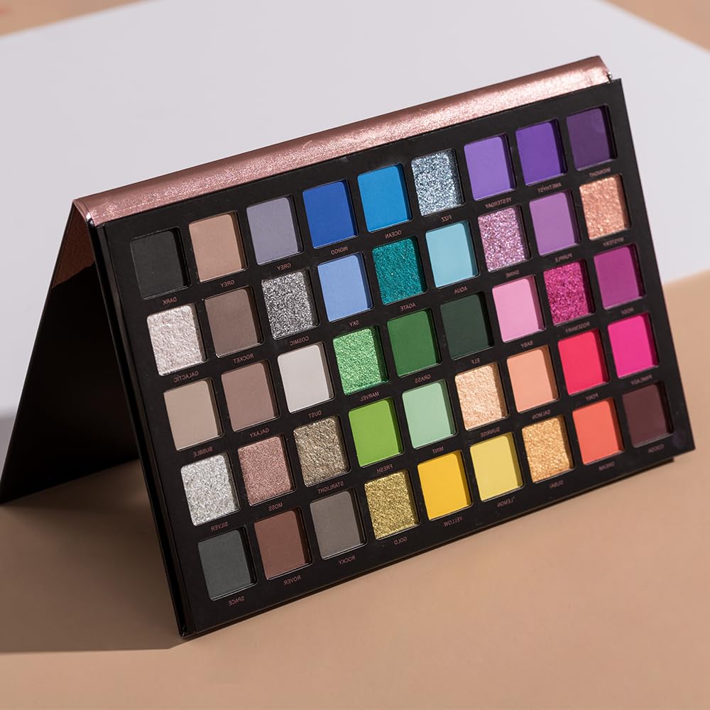 MYUANGO Bold Dimensions Eyeshadow Palette - 45 Shades of Matte, Shimmer, and Glitter in Purple, Green, Yellow, Pink, and Grey - High-Pigment, Long-Lasting, Waterproof - Blendable Formula