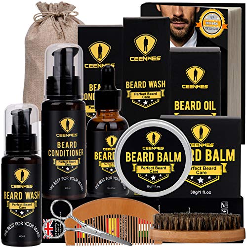 Ceenwes Upgraded Beard Grooming Kit - Conditioner, Oil, Brush, Comb, Balm, Scissors, Storage Bag for Beard and Mustache Trimming, Perfect Men's Gift