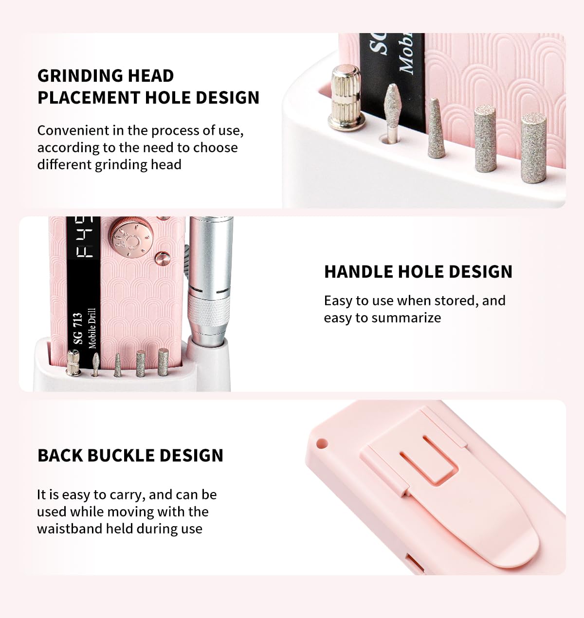 Electric Nail File Professional Kit - 45000RPM Portable Nail Drill Electric File with 11 Bits & Base丨LED Screen丨Ultra-Silent, Rechargeable Nail Drills Machine for Acrylic Nails Gel Polishing (Pink)