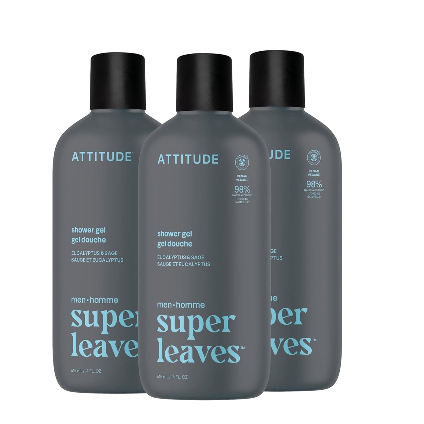 ATTITUDE Men's Shower Gel - Eucalyptus & Sage Body Wash, 98% Natural Ingredients | 14 Fl Oz (Pack of 3)