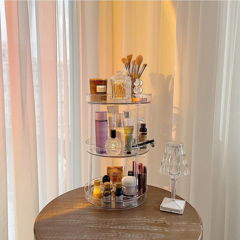 ROWNYEON 360° Rotating Makeup Organizer - 3 Tier Clear Spinning Skincare Storage with Stainless Steel Bearings, Large 10.6" Round Lazy Susan for Vanity Countertop, Perfume, Bathroom & Kitchen (Clear)