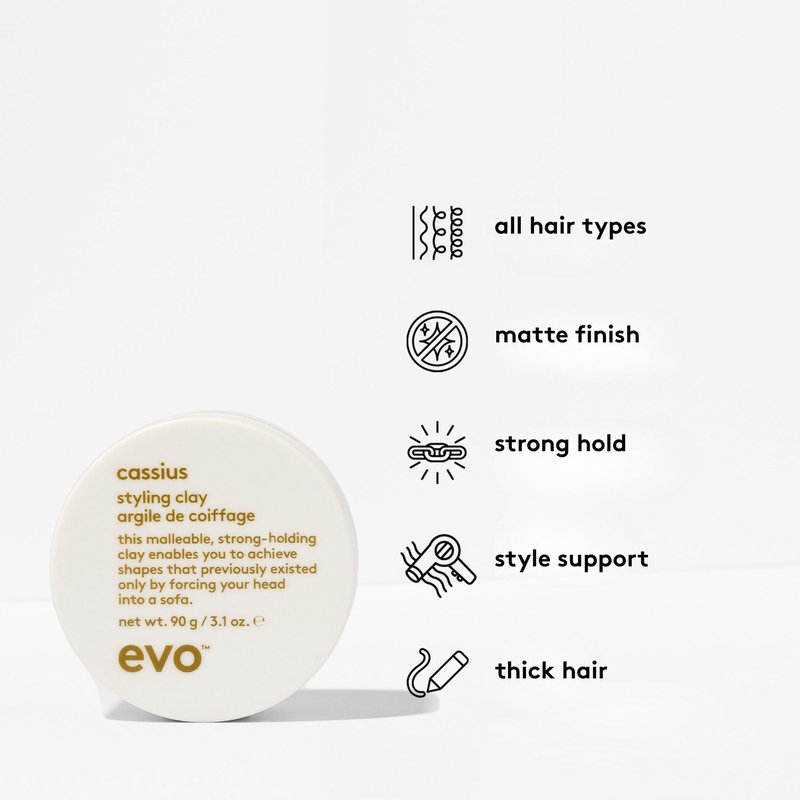 Evo Cassius Strong Hold Hair Styling Clay for Thick Hair - Adds Definition, Texture & Matte Finish - 3.17 oz