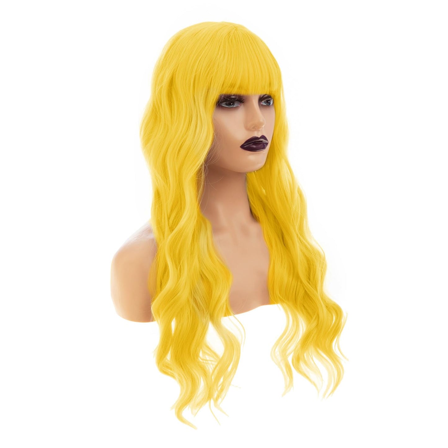 Sallcks Womens Long Curly Wavy Yellow Wigs With Bangs Cute Colorful Cosplay Custome Halloween Synthetic Wigs