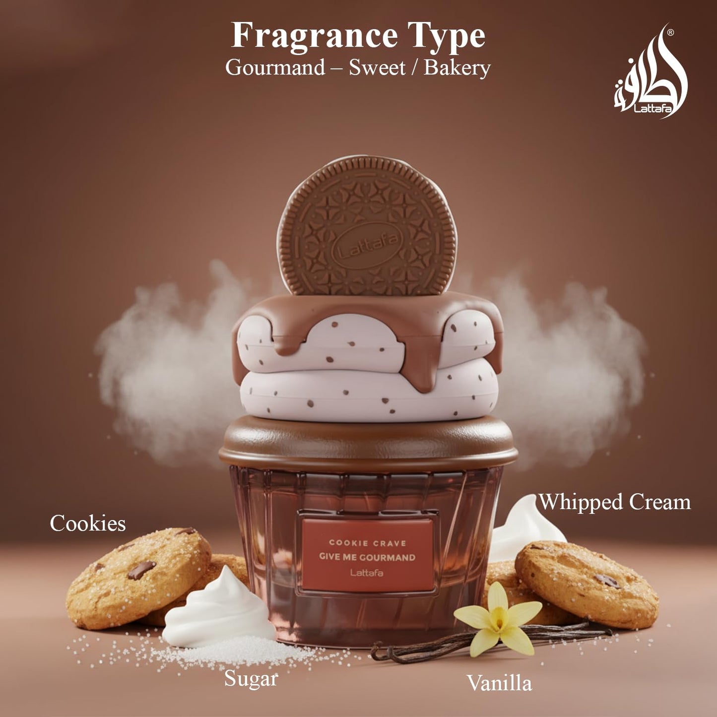 Lattafa Cookie Crave Eau de Parfum, Give me Gourmand Collection, 75ml Spray, Sweet Vanilla Cookie Scent, Cocoa Butter and Sugar Notes