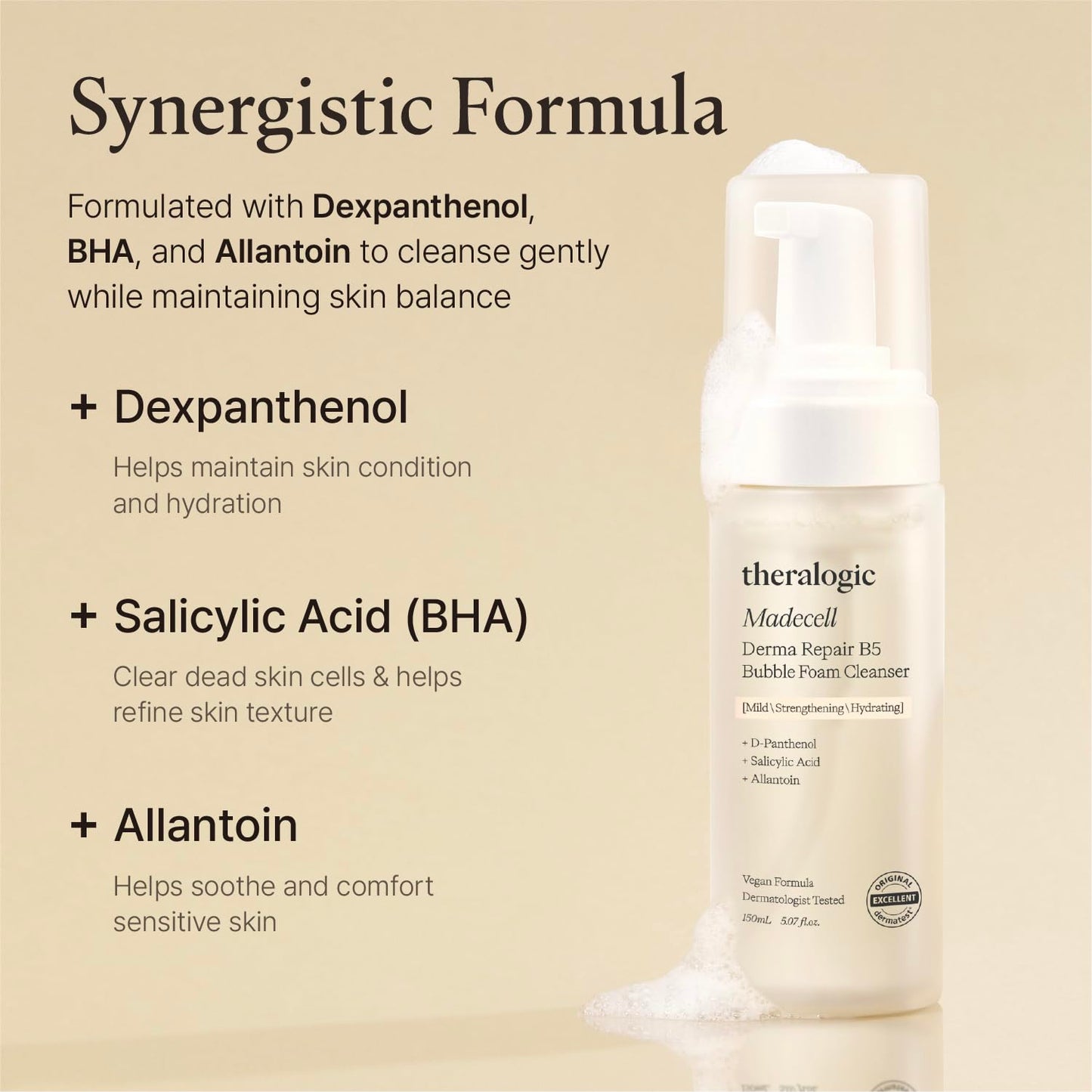 theralogic Madecell Derma Repair B5 Bubble Foam Cleanser - Panthenol & Salicylic Acid BHA - Korean Acne Calming Bubble Face Wash - Hypoallergenic, Vegan, Fragrance Free, 5.07 fl.oz.