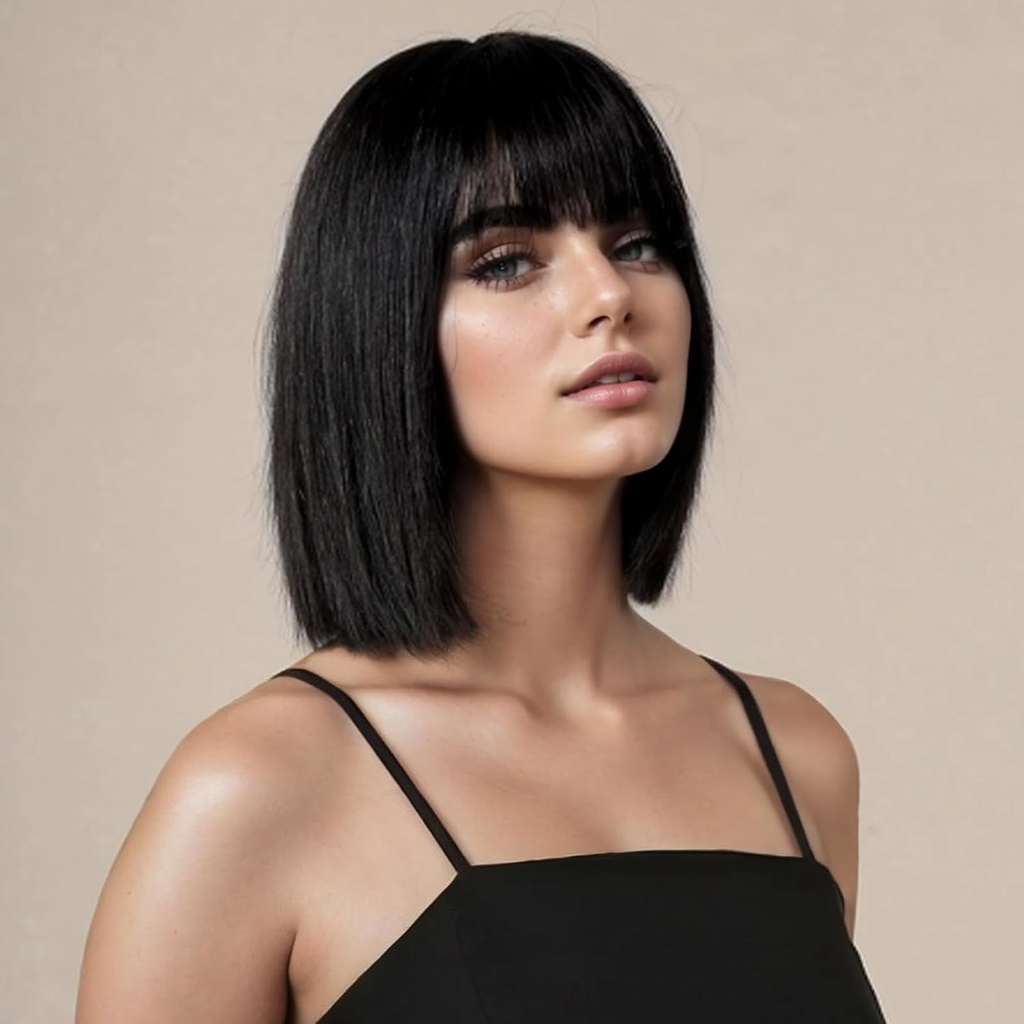 Short Black Straight Wig with Bangs - Heat Resistant Synthetic Hair | 12-Inch Bob for Women