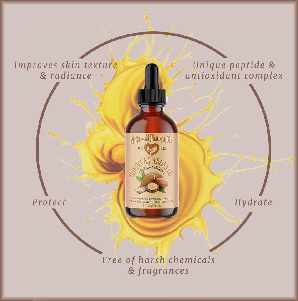 Natural Born Oils Moroccan Argan Oil, 16oz, Organic, Cold-Pressed, Vitamin E & Antioxidants, Deep Skin Hydration, Hair Strengthener