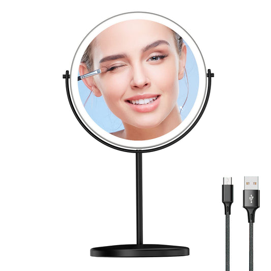WIZCHARK 9 "Large Light Makeup Mirror, 1x / 10x True HD Magnifying Mirror, 3-Color LED Light dimmable, 2 Rechargeable Makeup Mirrors 360° Rotation, Standing Desk Makeup Mirror, Black