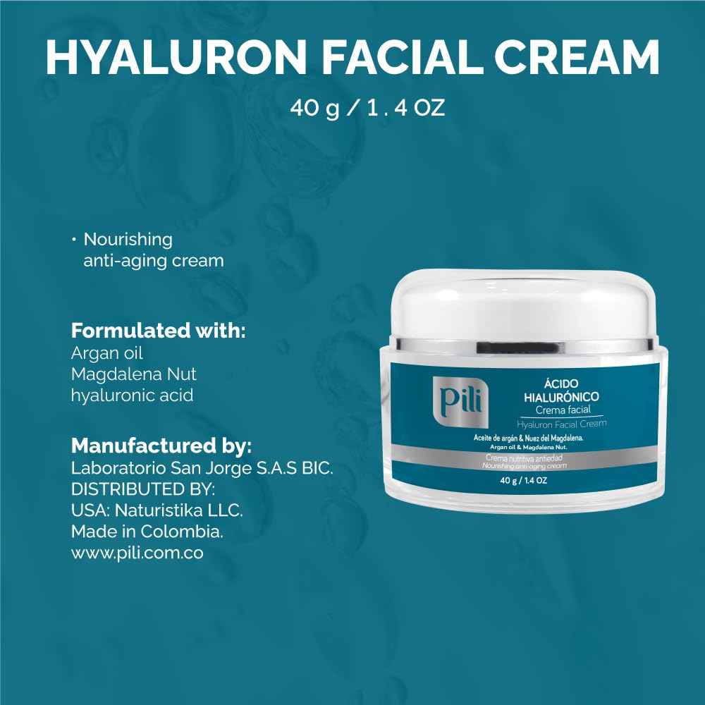 Pili Hyaluron face cream | Hyaluronic Acid Cream Face with Argan oil and Paradise Nut Oil. Ultra-Hydrating Anti Aging and Anti Wrinkle Cream Day Cream or Night Cream Moisturizer | 1.8 Oz
