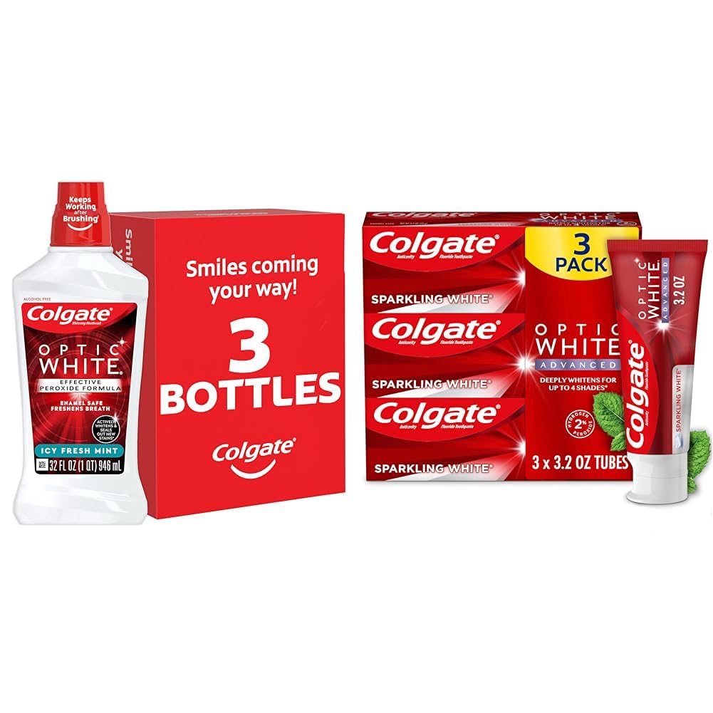 Colgate Optic White Whitening Mouthwash, 2% Hydrogen Peroxide & Optic White Advanced Teeth Whitening Toothpaste, 2% Hydrogen Peroxide Toothpaste, Sparkling White, 3.2 Oz, 3 Pack