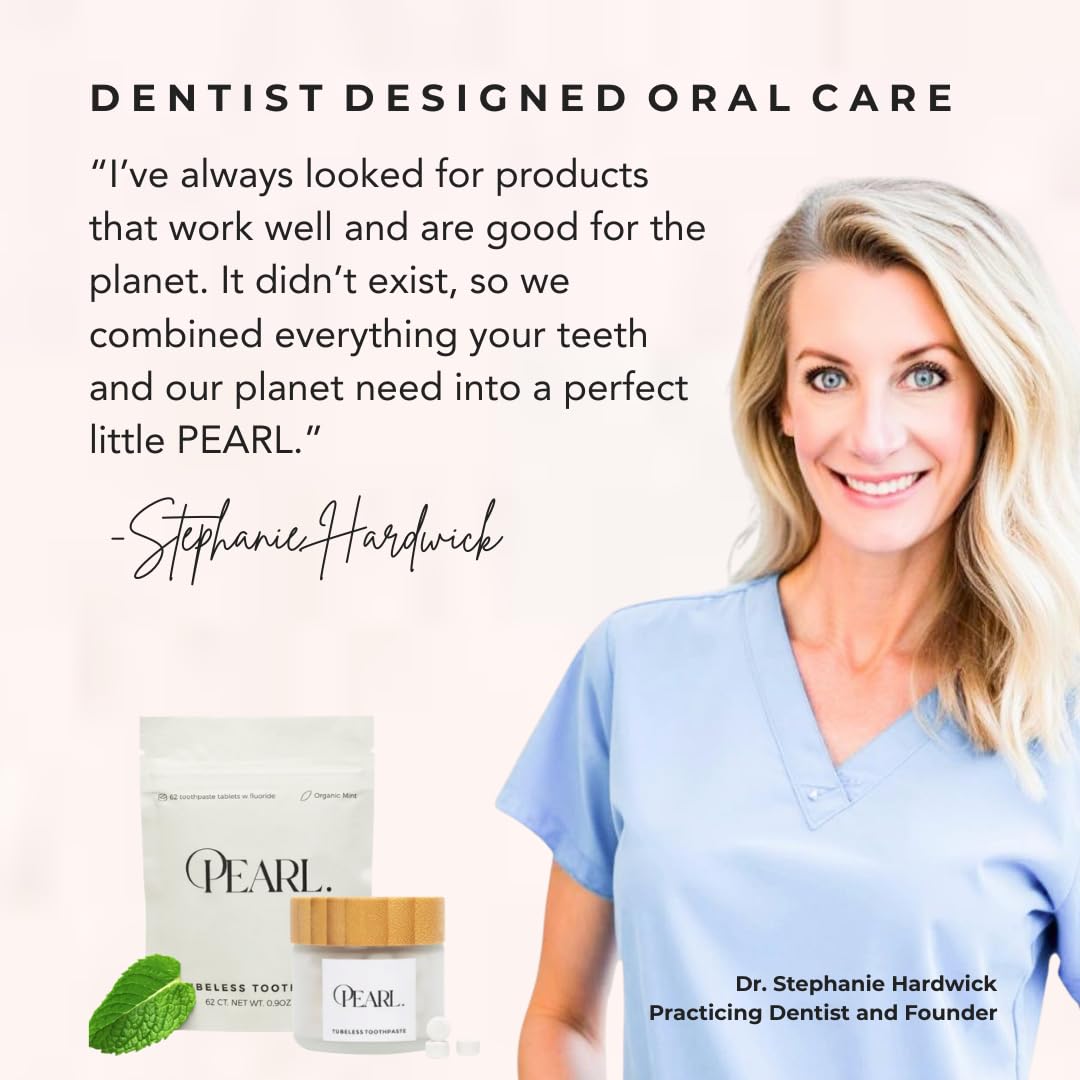 Pearl. Lux: Sea Glass Jar + 62 Tablets + Mint Floss + Bamboo Toothbrush | Dentist Designed | Natural Whitening | TSA Approved | Reusable Packaging