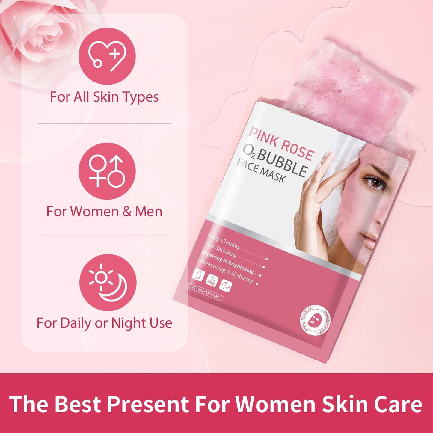 IREV Pack of 10 Pink Rose O2 Bubble Face Masks Skincare, Spa Presents for Women, Bubble Face Sheet Mask Cleaner Foaming Purifying Facial Mask for Acne and Pores Moisturizing Beauty Sheet Masks