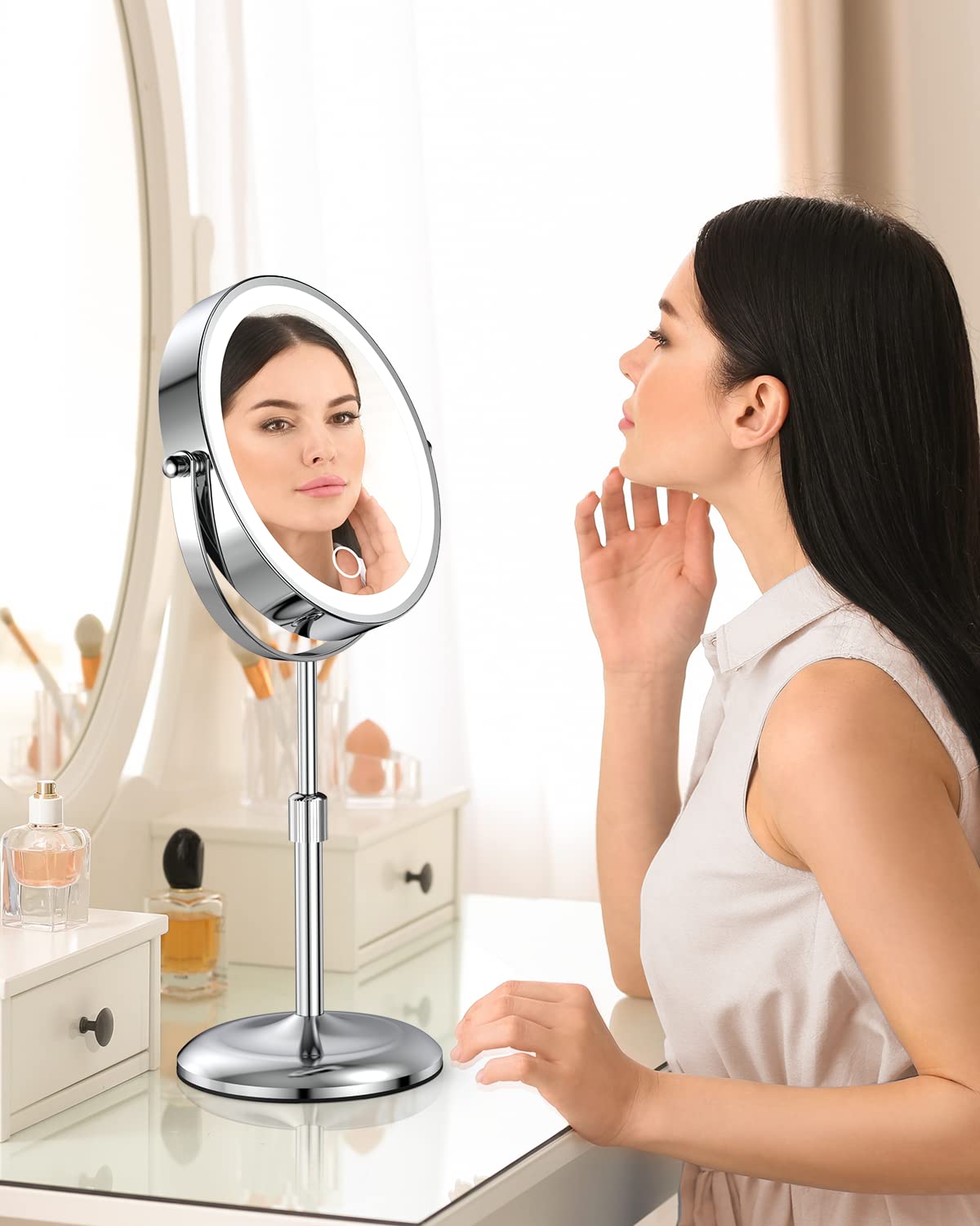 Benbilry 7" Lighted Makeup Mirror with Magnification 10X & 3 Color Lights, Adjustable Brightness & Height, 360° Swivel Rechargeable LED Magnifying Make Up Vanity Mirror with Lighting (Silver)