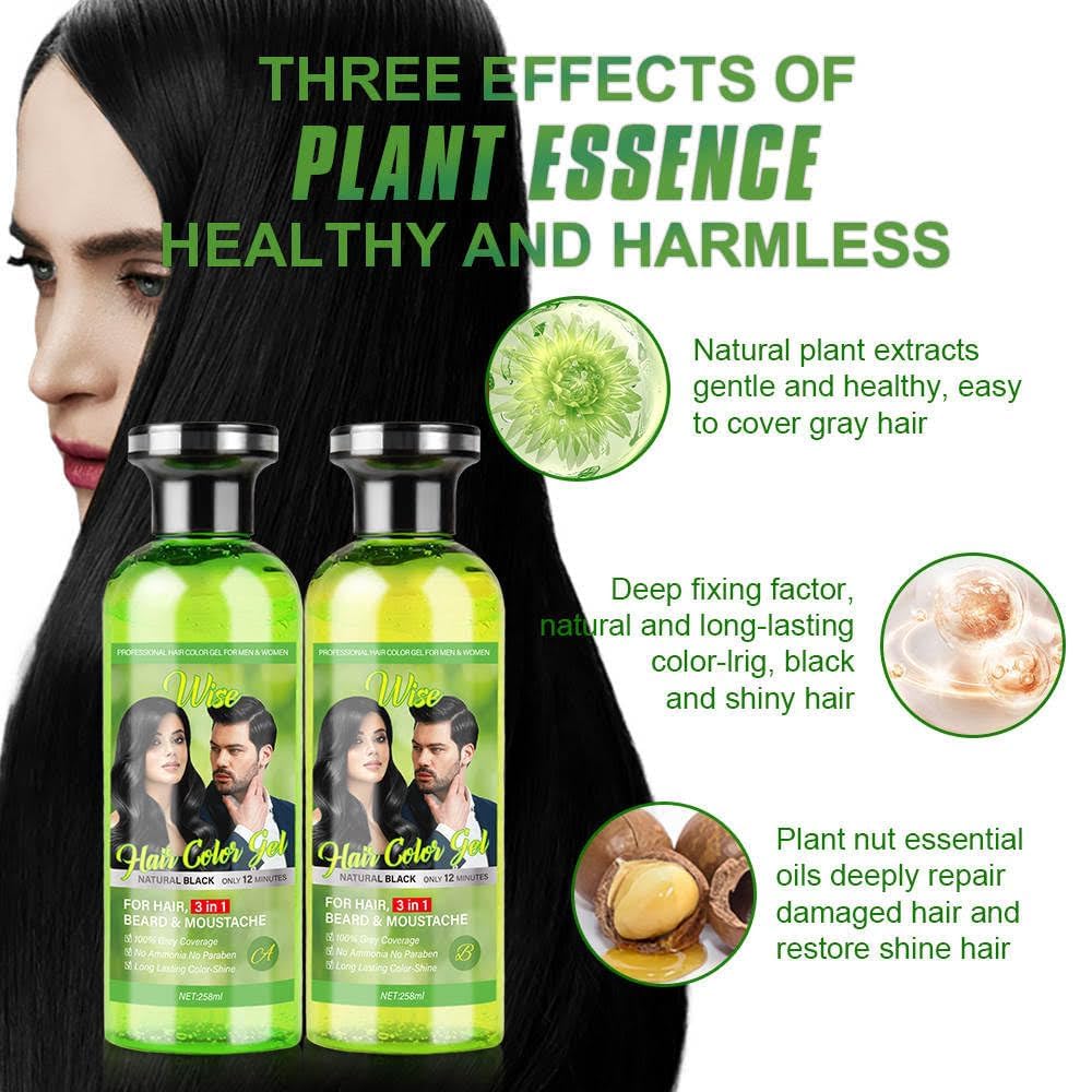 Natural Hair Color Gel - 3 in 1 Semi-Permanent Black Dye for Gray Coverage | Plant-Based with Olive Extract, 500ml x 2