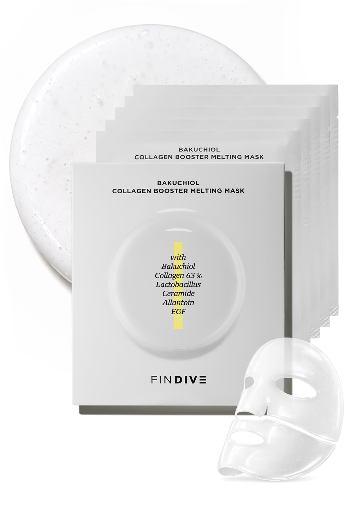 FINDIVE OFFICIAL Bakuchiol Collagen Booster Melting Mask, Bakuchiol, Plan-Based Retinal Alternative, Collagen 63%, Lactobacillus, Ceramide, Allantoin, Korean Skincare 1.05fl.oz x 5 Sheets