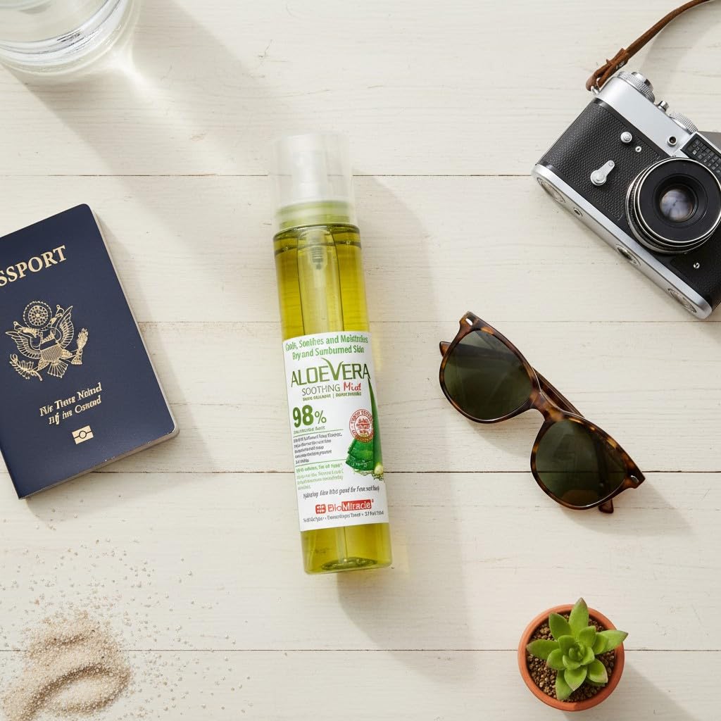 BioMiracle 98% Organic Aloe Vera Mist (3.9 oz) - Cooling Relief for Sunburn, Dry or Irritated Skin, Hydrating Spray with Vitamins C & E, 3-Pack