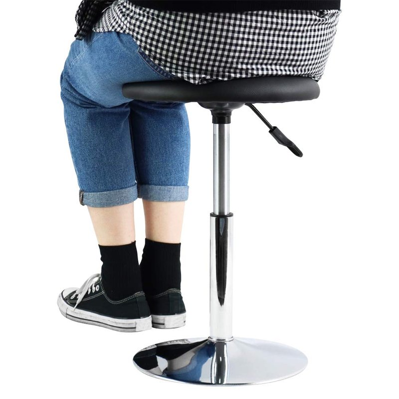 FURWOO Short Round Spa Stool Height Adjustable Swivel Bench for Bedroom Living Room Black PU Leather