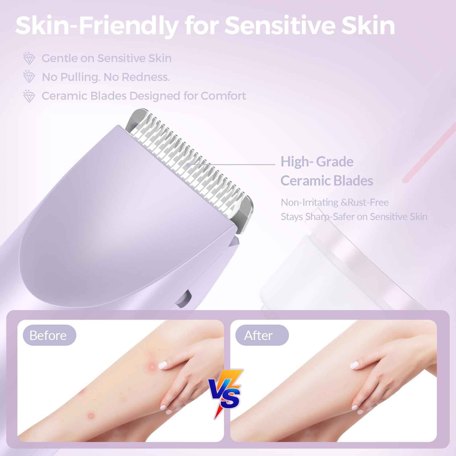 Bikini Trimmer for Women – 2-in-1 Electric Razor with Dual Heads, Ceramic Blades, Wet & Dry Use, USB Rechargeable, Skin-Friendly Shaver for Bikini Line, Underarms & Sensitive Areas – Lavender Purple