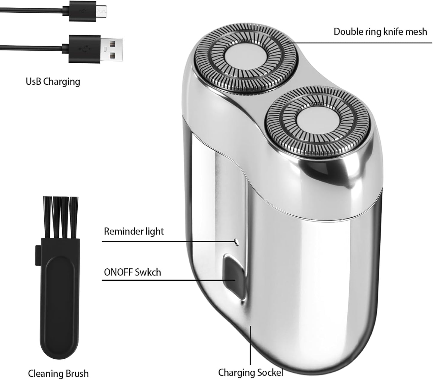 Mini Electric Shaver - Rechargeable Waterproof Dual Head Razor | Compact Travel Size for Men & Women (Silver)