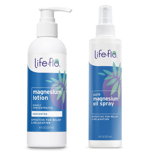 LIFE-FLO Magnesium Lotion and Pure Magnesium Oil Spray Bundle - with Magnesium Chloride from The Zechstein Seabed - 100% Magnesium Oil for Feet and Body and Unscented Lotion, 8 Oz Pack of 2, Unscented