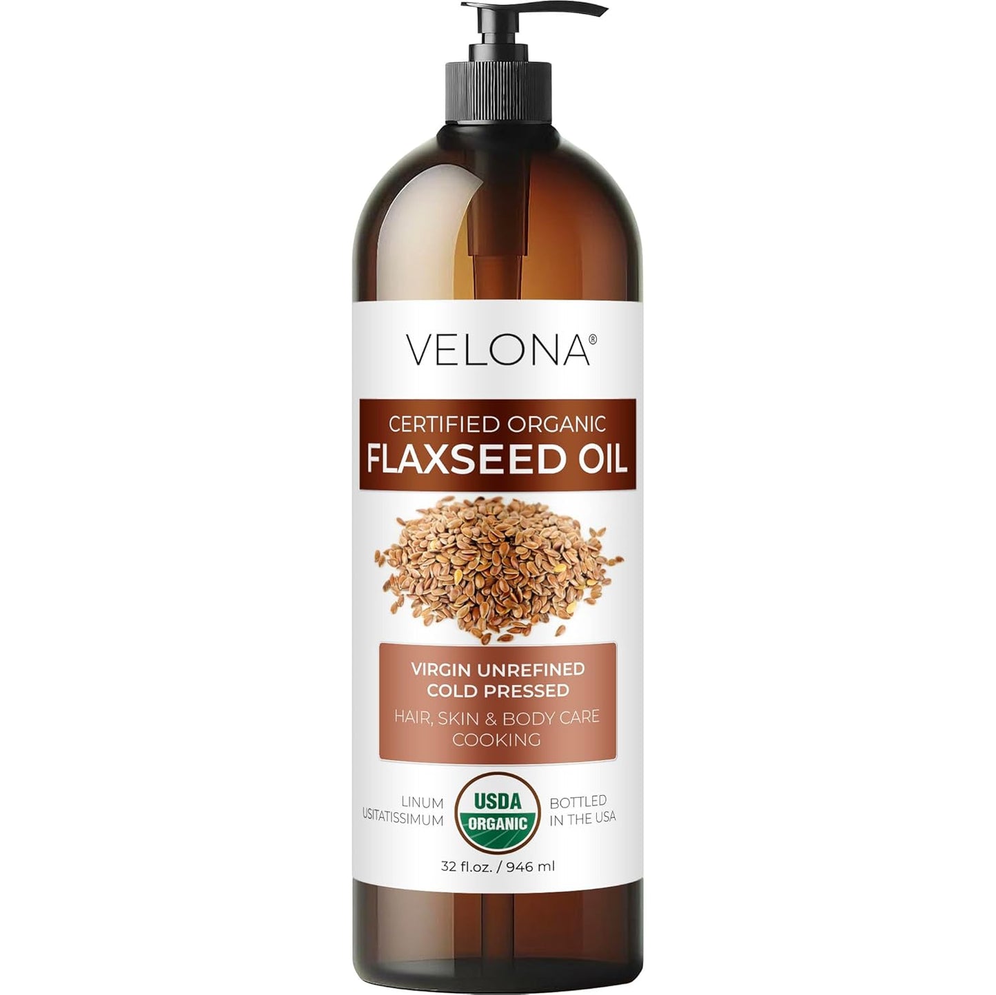 Organic Flaxseed Oil - 32 Fl Oz | 100% Pure Cold Pressed Carrier Oil for Body, Face & Skin Care