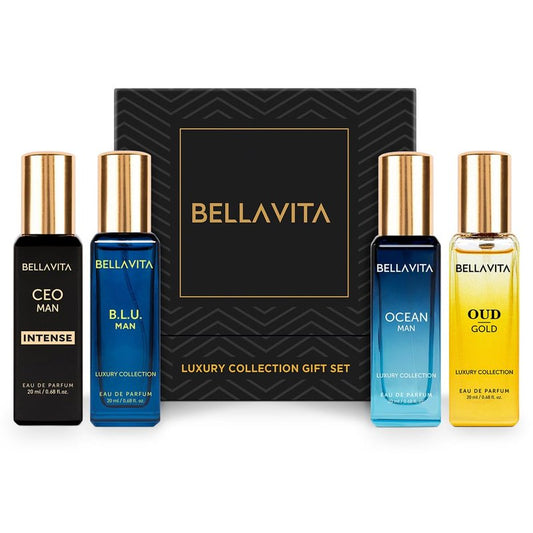 Bellavita Luxury Men's Luxury Perfume Gift Set with Gold Oud,OCEAN, B.L.U., & CEO Man Intense | 80ml | Perfume for Men and Women | Lavender, Bergamot, and Caramel Notes | Long Lasting Unisex Fragrance