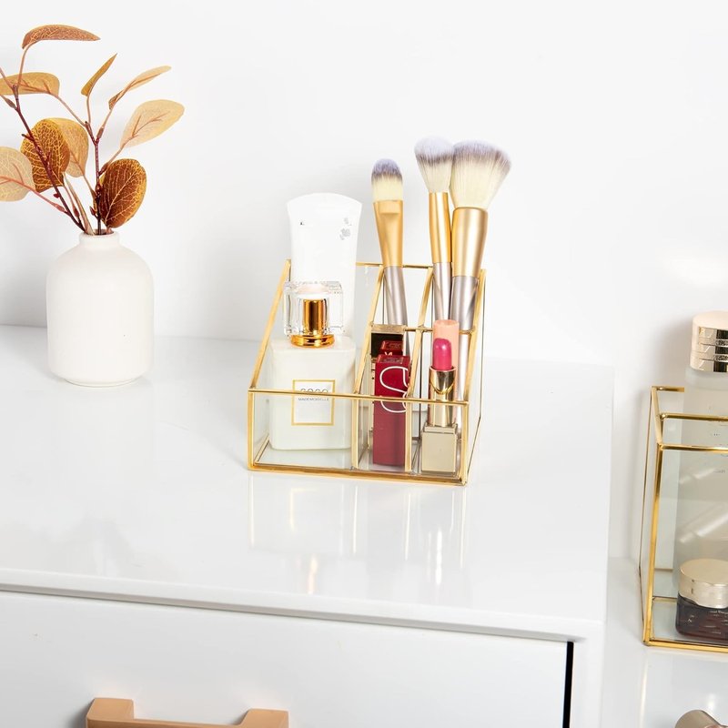 Feyarl Glass Makeup Organizer 5 Slot Cosmetic Brush Holder Vanity Storage for Makeup Jewelry Dresser Tabletop Desk Accessories Case