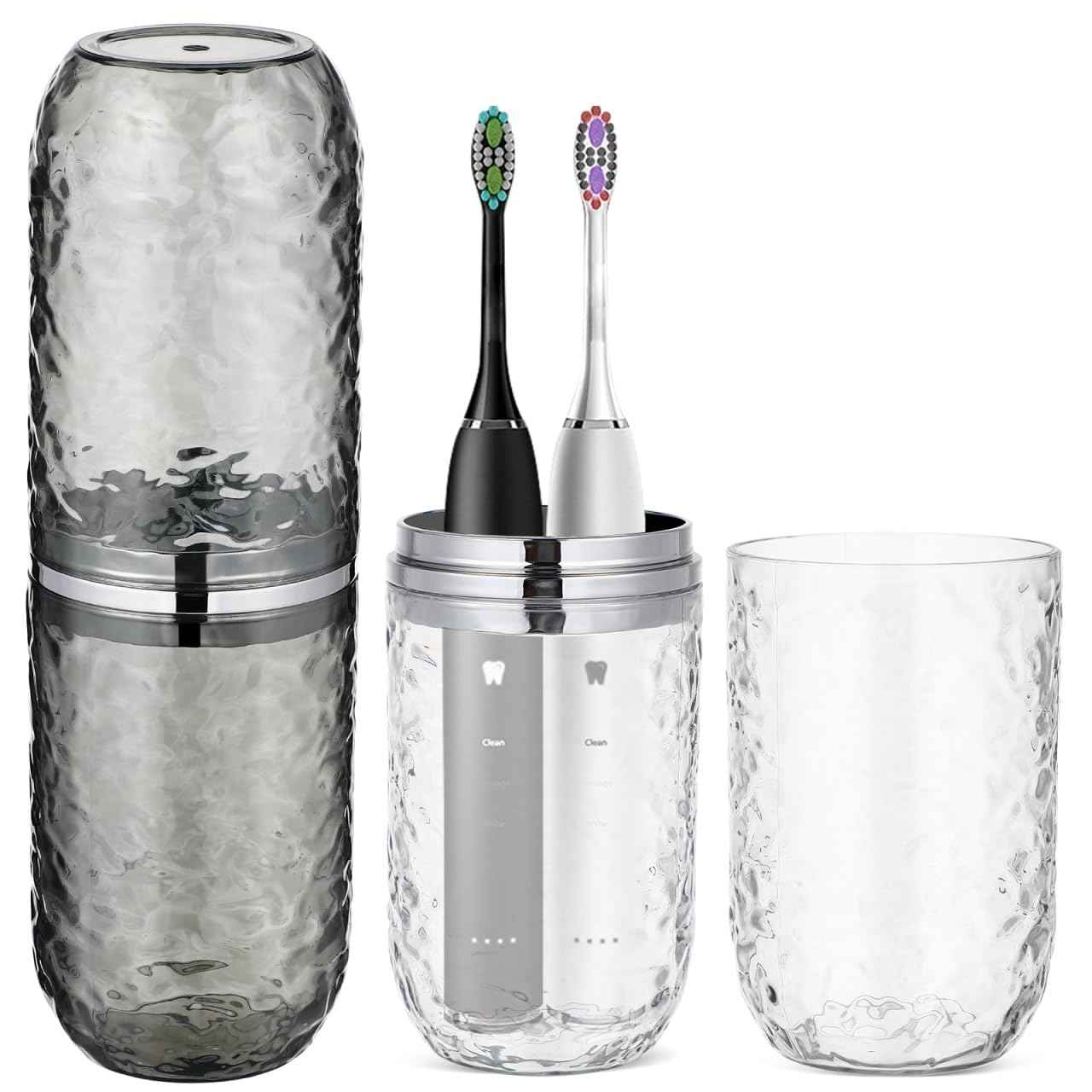 2PCS Travel Toothbrush Case with Cover, Portable Toothbrush Holder Cup Storage Container Dustproof Toothbrush Case for Bathroom Trip School Camping (Clear & Grey)