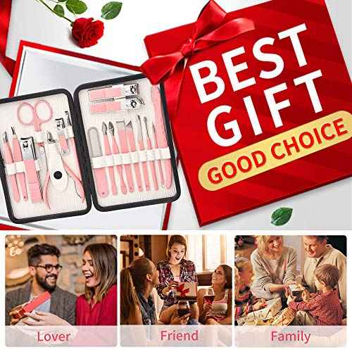 Manicure Set 18 in 1 Stainless Steel Professional Pedicure Kit Nail Scissors Grooming Kit Travel Case B01-Pink