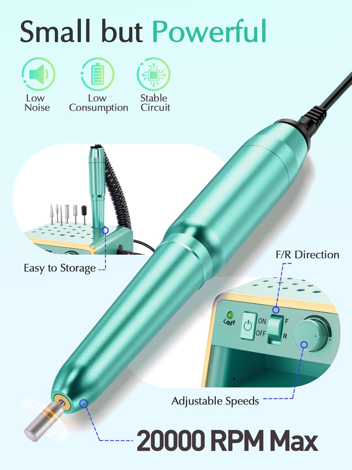 Subay Nail Drill Machine Electric File, Portable for Acrylic Gel Dip Powder Nails, Nail Drill Kit for Manicure Pedicure, Nail Set with Everything, Light Green