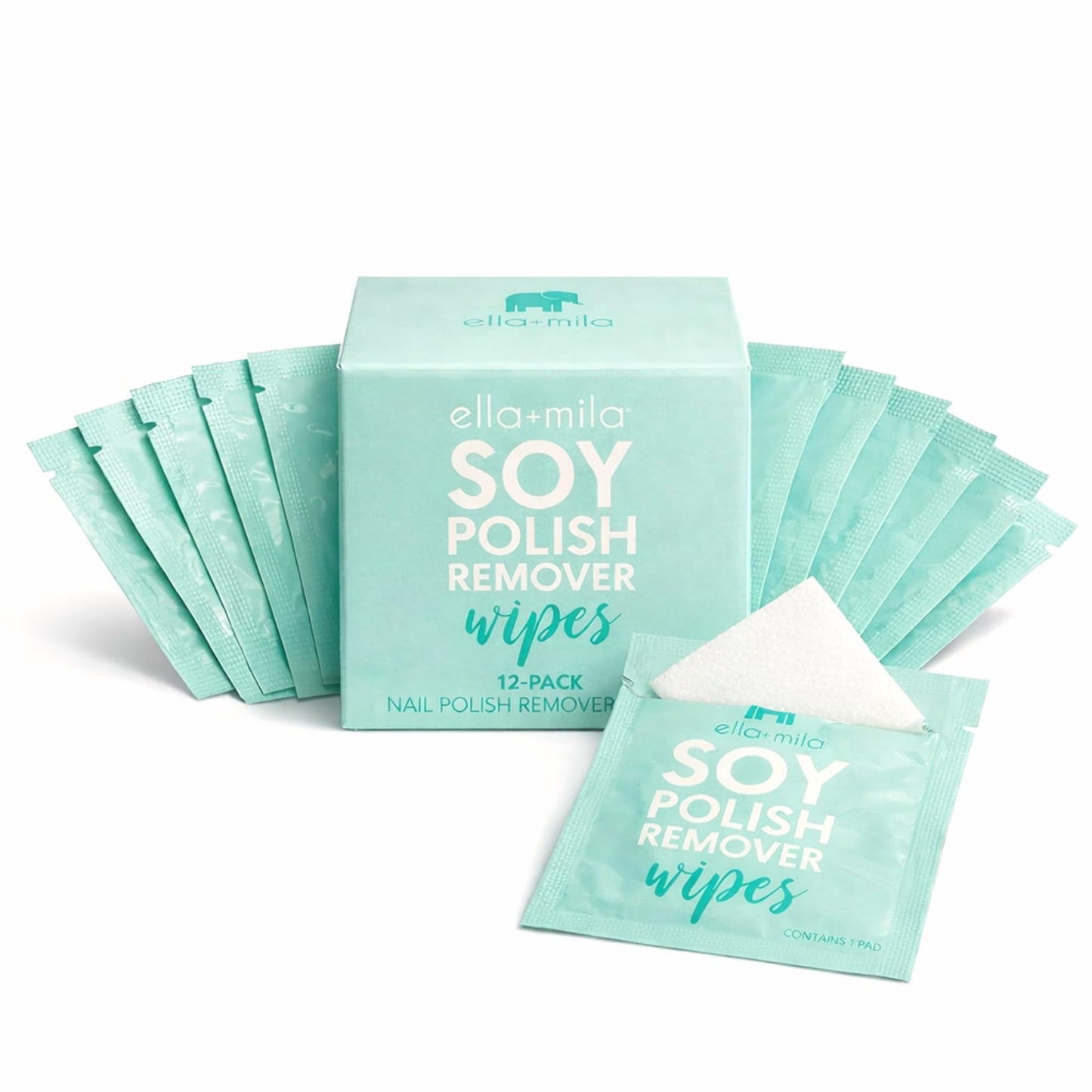 ella+mila Soy Nail Polish Remover Wipes - Non-Acetone, Non-Toxic Fingernail Polish Remover Pads - Travel Size, Individually Wrapped, Lint Free - Enriched with Vitamins (12 Pack)