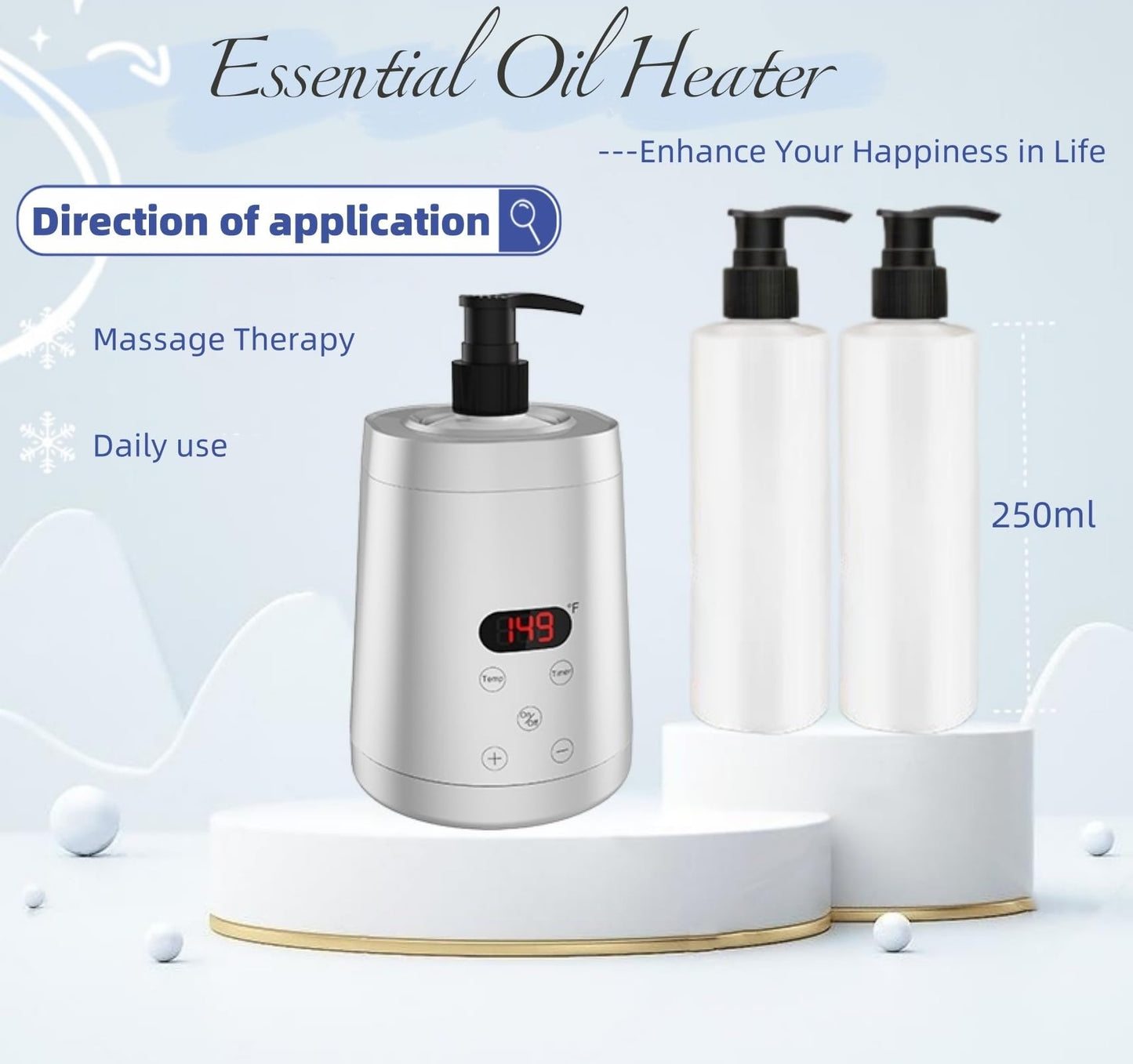 JOJOCOSMO Oil Warmer for Massage, Essential Oil Warmer Heater, with Two Lotion Bottle Dispensers,Temperature Adjustable from 86℉ to 149℉ (Liquid-Silver)