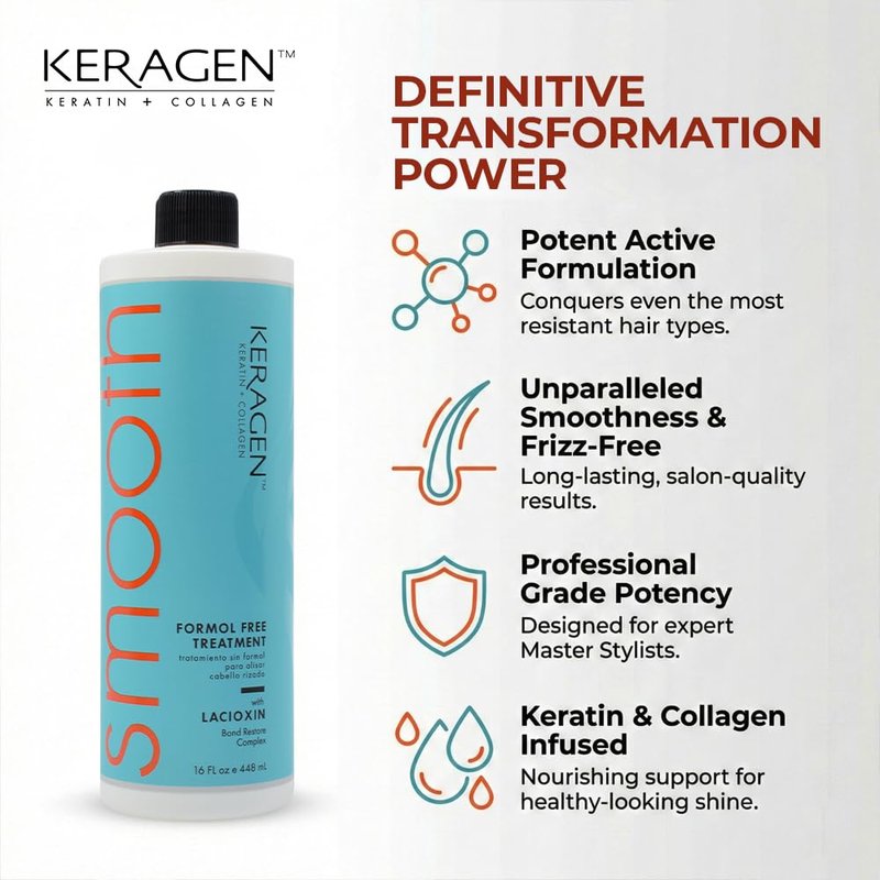Keragen Brazilian Keratin Smoothing Treatment | Formaldehyde-Free Blowout for Frizzy, Dry, or Damaged Hair | Smooth, Silky Results | Fine to Medium Hair | 16 Oz