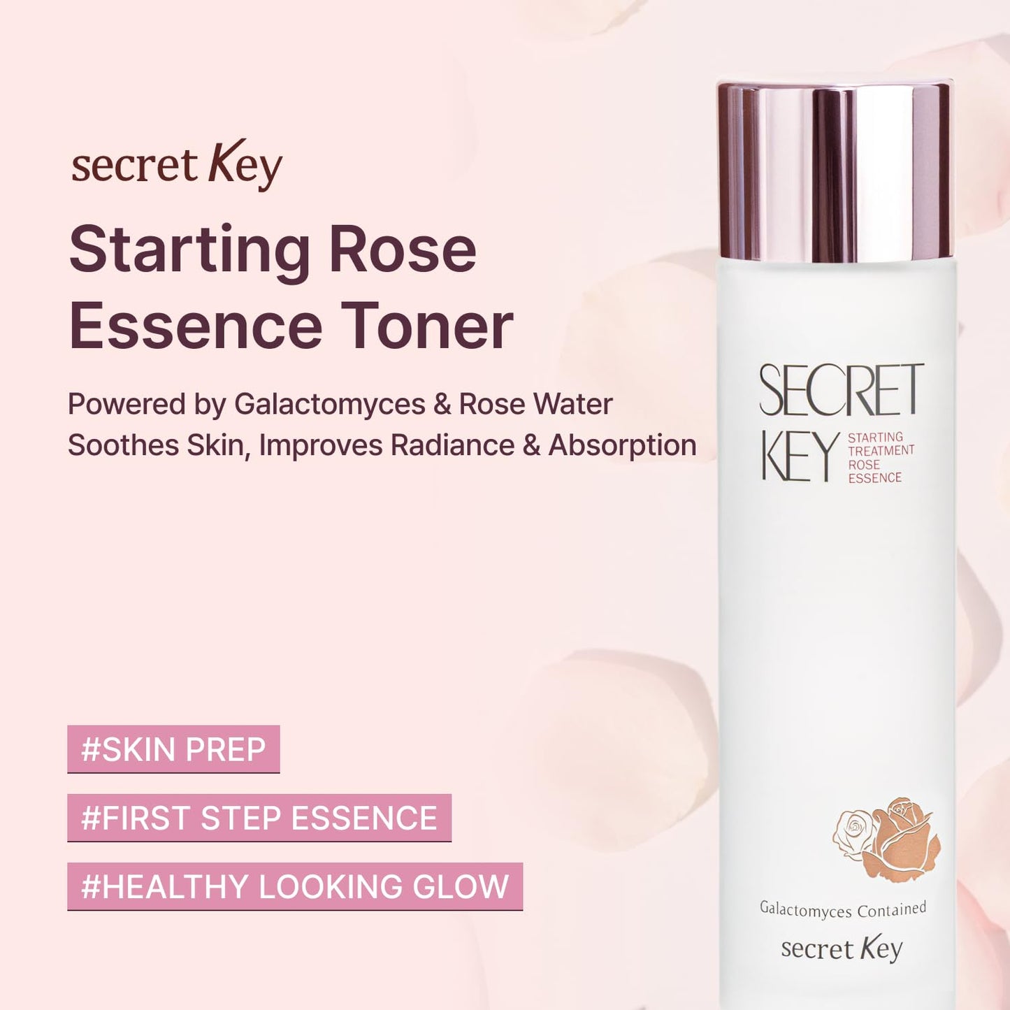 SECRETKEY Starting Rose Essence Toner, Galactomyces Ferment with Rose Water for Radiance Glass Skin, Hydrating Essence, Helps Improve Uneven Skin Tone, Korean Skin Care Essence (5.07 Fl Oz / 150ml)