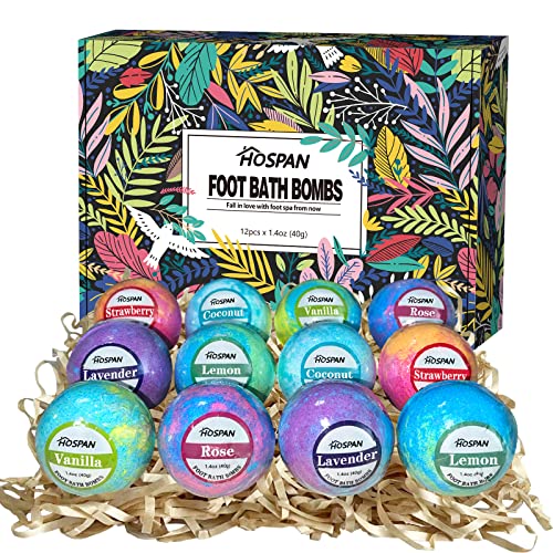 HOSPAN Organic Foot Bath Bombs Gift Set, 12 Essential Oil Rich Foot Soak for Mom and Dad, Handmade Foot Spa Bomb with Wonderful Bubbles, Great for Soothes Sore Tired Feet, Dry Feet Moisturize