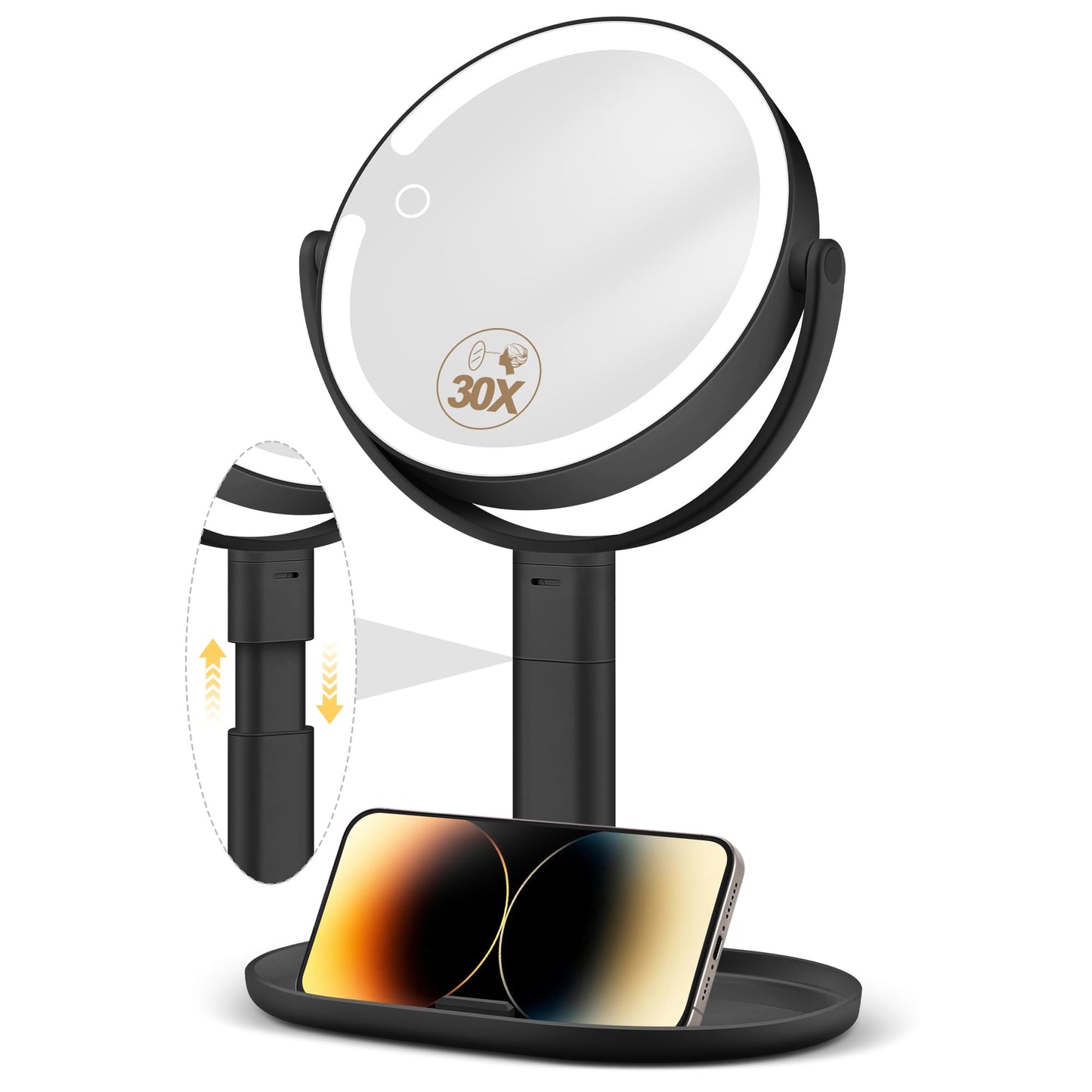 MOMOKUBA Makeup Mirror with Lights, 30X Magnifying & Height Adjustable, Lighted Magnifying Mirror with 3 Light Modes & Stepless Dimming, Vanity Mirrors for Bathroom, Birthday Gift for Women, Rosegold