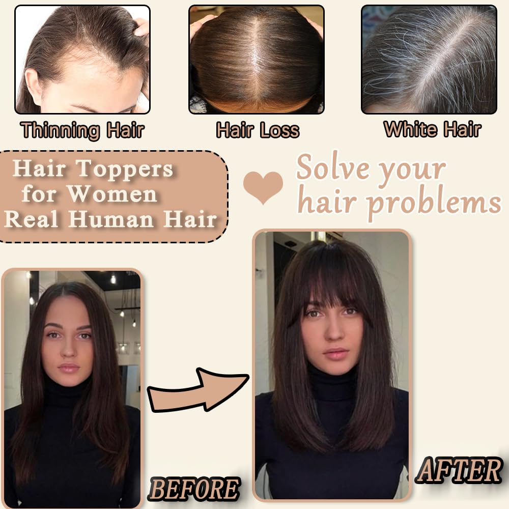 HVVZOY Hair Toppers for Women Real Human Hair, 360° 3D Real Human Hair Toppers for Women with Thinning Hair Clip in Bangs Big Coverage 12 Inch Hairpieces (Gray02, 3D Wispy Bangs 10x11)