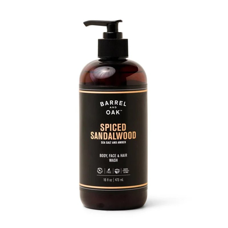Barrel & Oak All-in-One Wash for Face, Hair, & Body, Vegan & Hydrating Face, Shampoo and Body Wash for Men, Grooming Kit Gifts for Men, Spiced Sandalwood, 16 oz