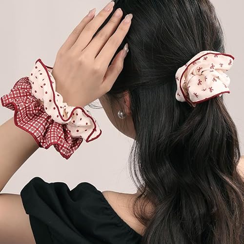 Scrunchies for Women Girls 3Pcs Red Polka Dot Bow Plaid Print Scrunchies for Long Thick Hair Soft Hair Bands Cute Sweet Ponytail Holders No Damage Elastic Hair Ties Christmas Hair Accessories