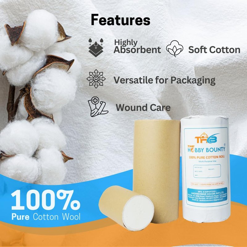 The Hobby Bounty Pure Cotton Roll Undercast Padding Roll Soft and Highly Absorbent, Makeup Remover in an Easy to Tear & Use Soft White Cotton Wool for Art Projects, Craft (500 Gram)