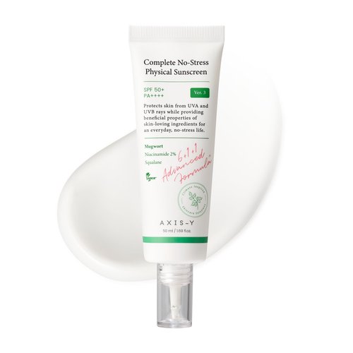 AXIS-Y Complete No-Stress Physical Sunscreen V3 - SPF 50 Mineral Sunscreen with 2% Niacinamide, Zinc Oxide Sunblock for Broad Spectrum Sun Care - Vegan Korean Skin Care -1.69 fl. oz.