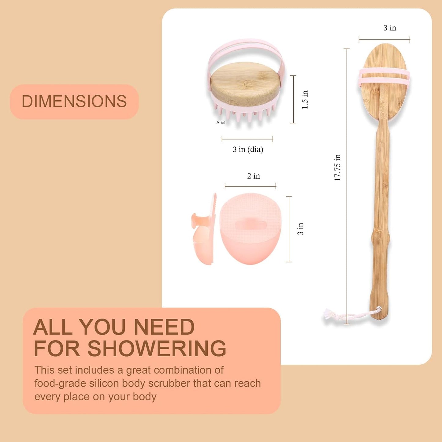 Silicon Bath Scrubber Kit - Scalp, Body, Back & Face Massager | Gentle Exfoliating, Easy to Clean, Long Lasting (Pink)