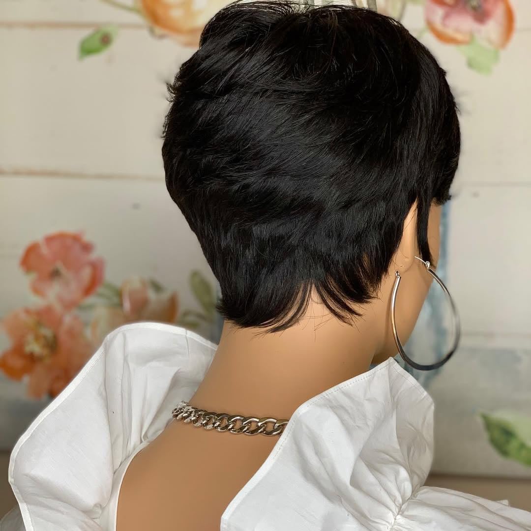 showreal Pixie Cut Wig Human Hair for Black Women Short Pixie Cut Wigs Natural Looking 100% Real Human Hair Wigs Natural Black Glueless Pixie Wigs with Bangs (9149-1B)