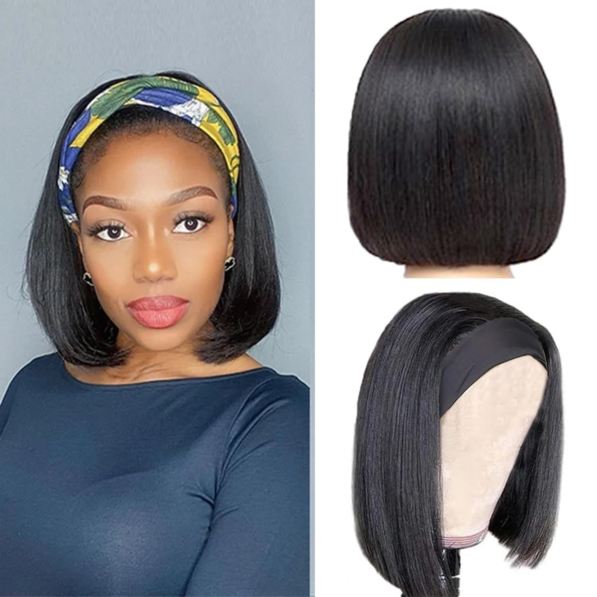 Kislemon Headband Bob Wig Human Hair Glueless Short Straight Bob Wigs Human Hair For Black Women 150% Density None Front Lace Brazilian Virgin Human Hair Wigs 8 Inch